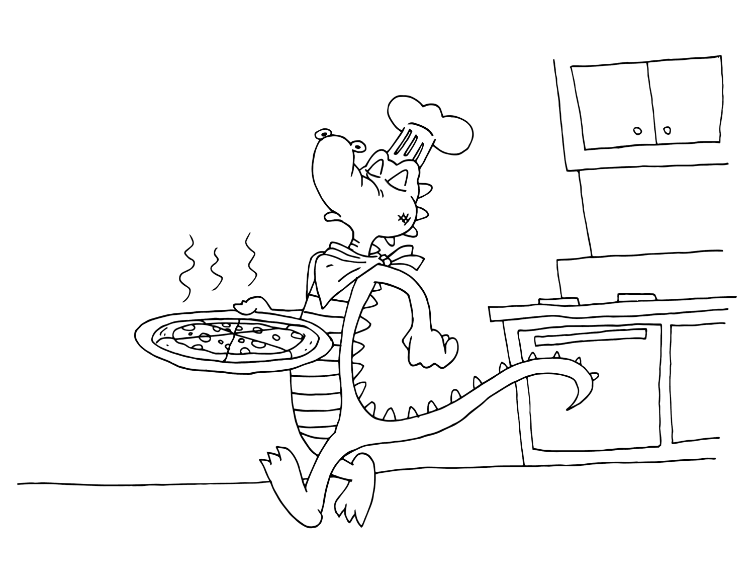 Coloring page alligator with pizza